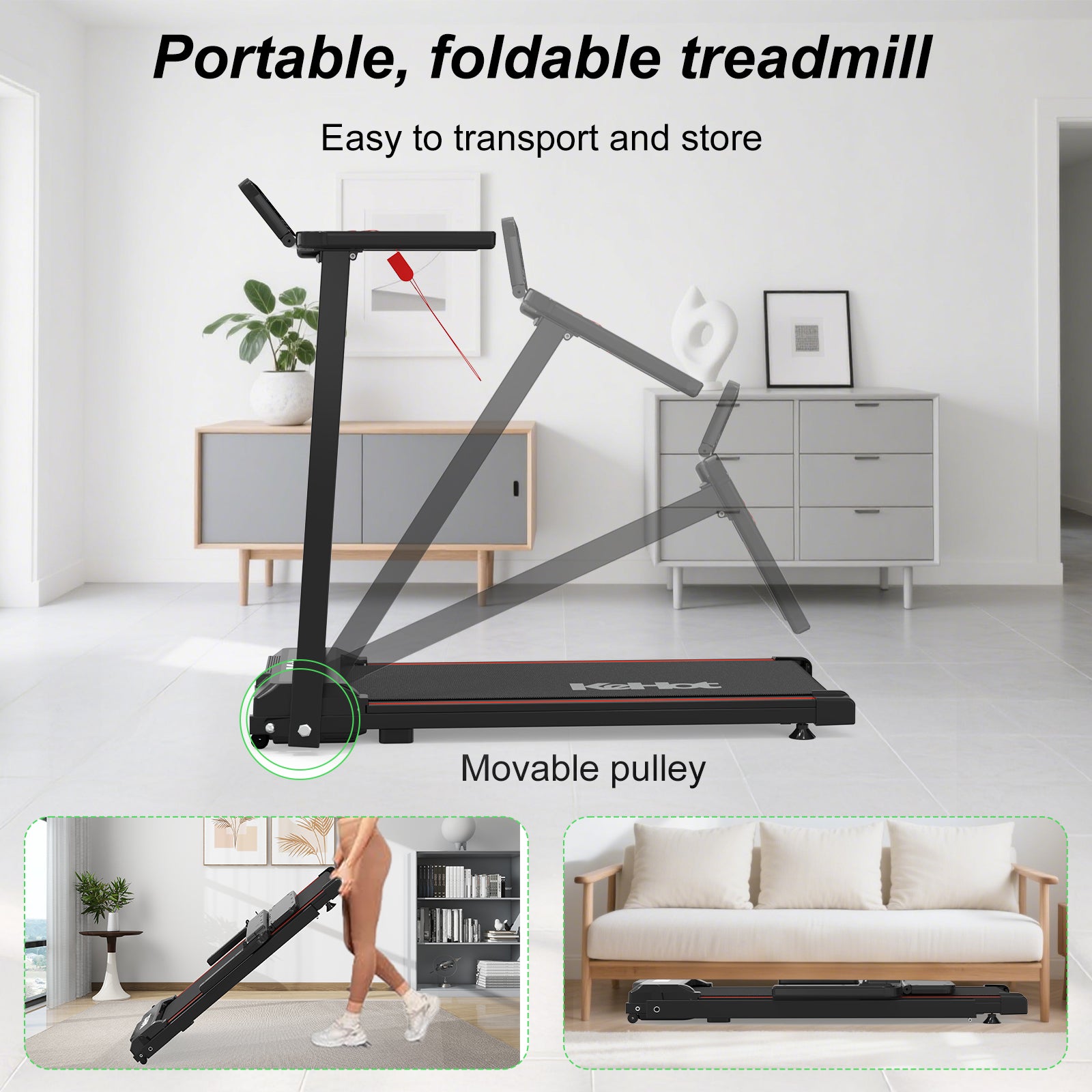KEHOT SL-Q30 Tapis de course pliable avec vitesse réglable 1 à 12 km/h, courroie 375 × 945 mm, alimentation 220-240 V et compatible Bluetooth/FITSHOW/KINOMAP/ZWIFT