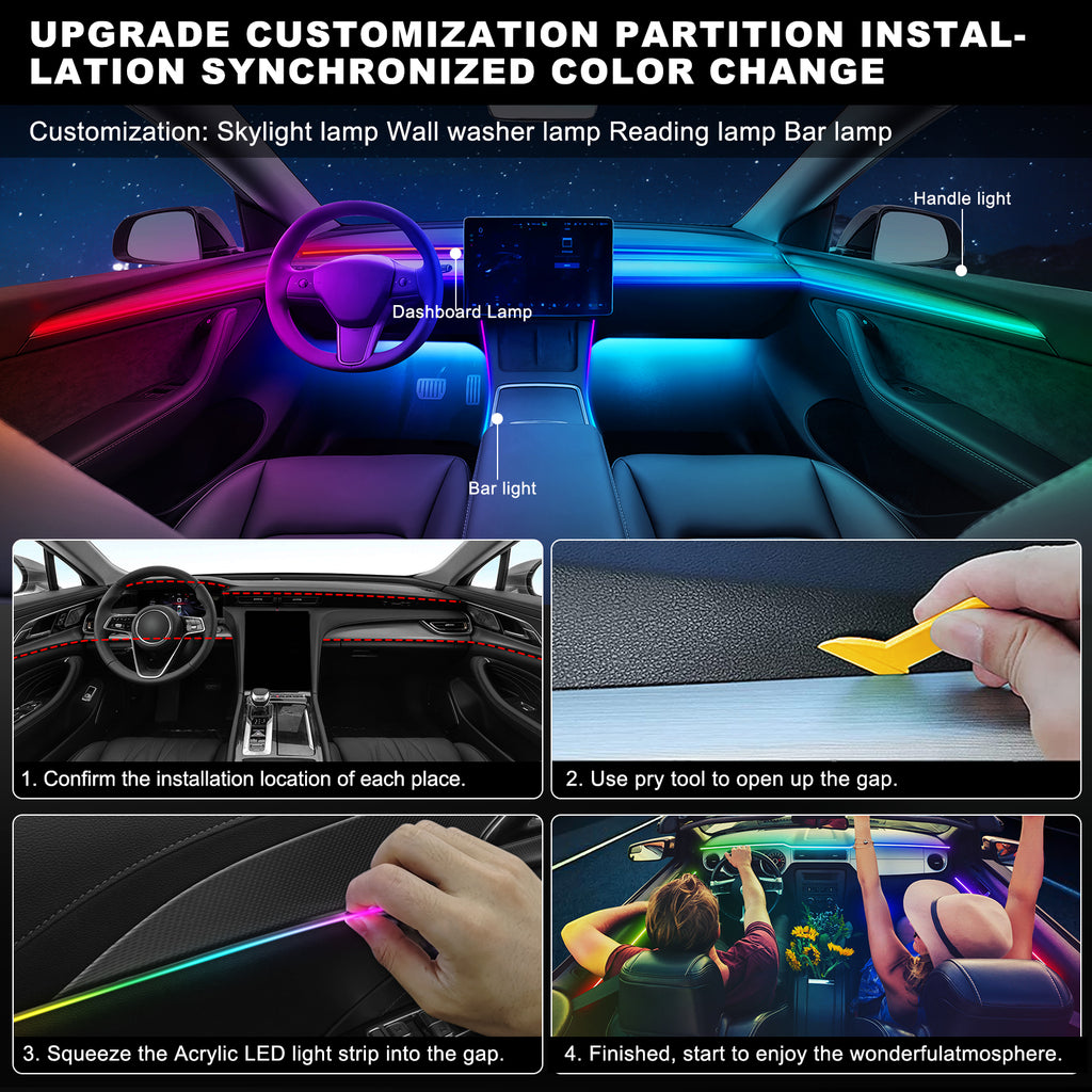 Dream+color Kit d’éclairage LED sans fil pour intérieur de voiture en acrylique, RGB 10-en-1 - 444,5 cm
