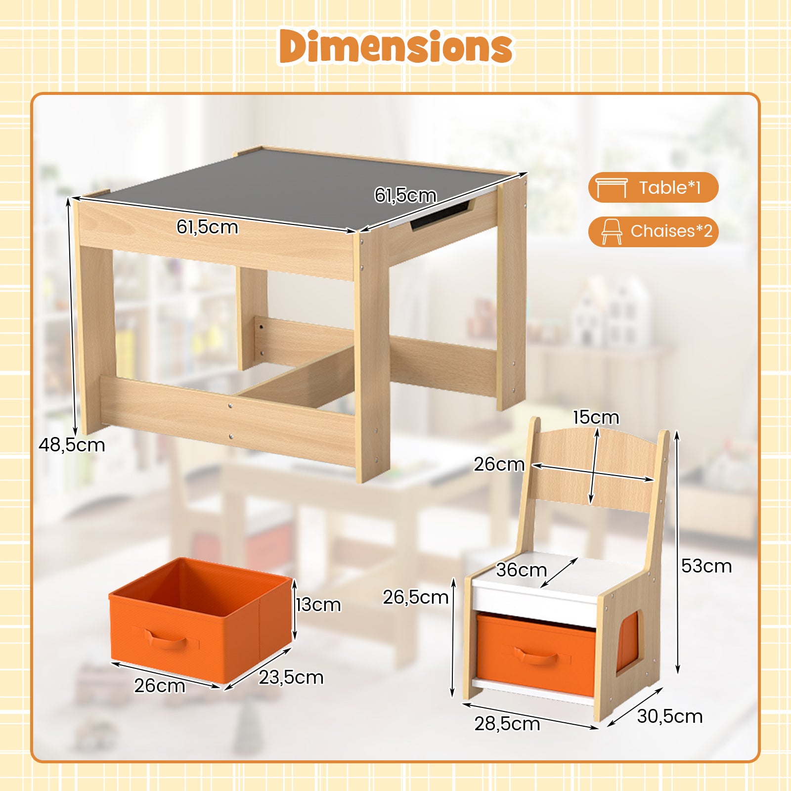 Table d'activités en bois avec 2 sièges et plateau double face amovible - Naturel