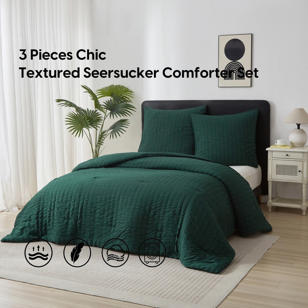 MEEALLHOME Parure de lit texturée Seersucker vert foncé - 1 housse 200 x 200 cm et 2 taies 65 x 65 cm