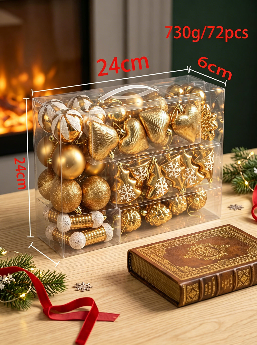 Ju7cer Lot de 72 boules de Noël, avec sapin de Noël, boules de Noël en forme de cœur, chaussettes de Noël, boules de Noël, pour décorer le sapin de Noël, décoration de fêtes, couleur or