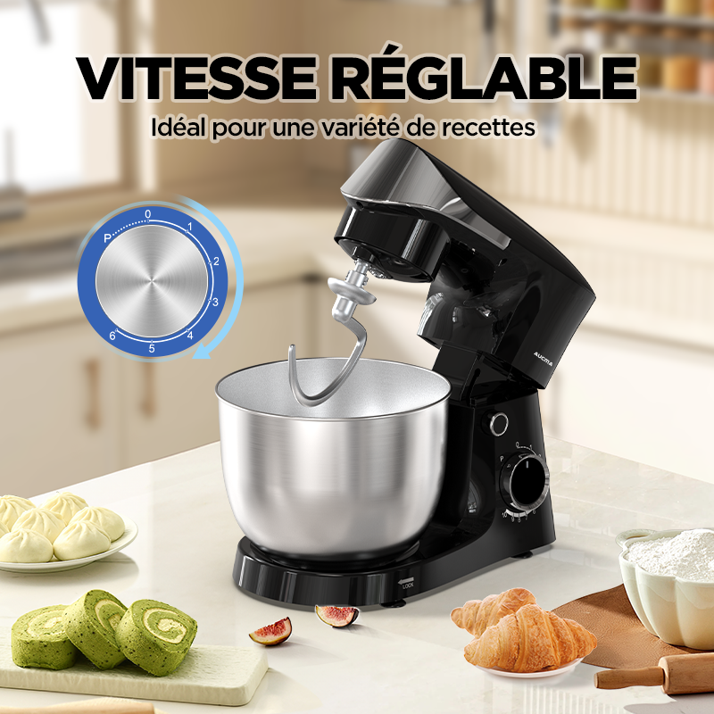 AUCMA Robot pâtissier 5 L 10 vitesses Tête inclinable 3-en-1 avec bol, crochet pétrisseur, fouet et batteur, moteur AC 400 W cuivre pur pour pâtisserie, gâteaux, pain, pizza