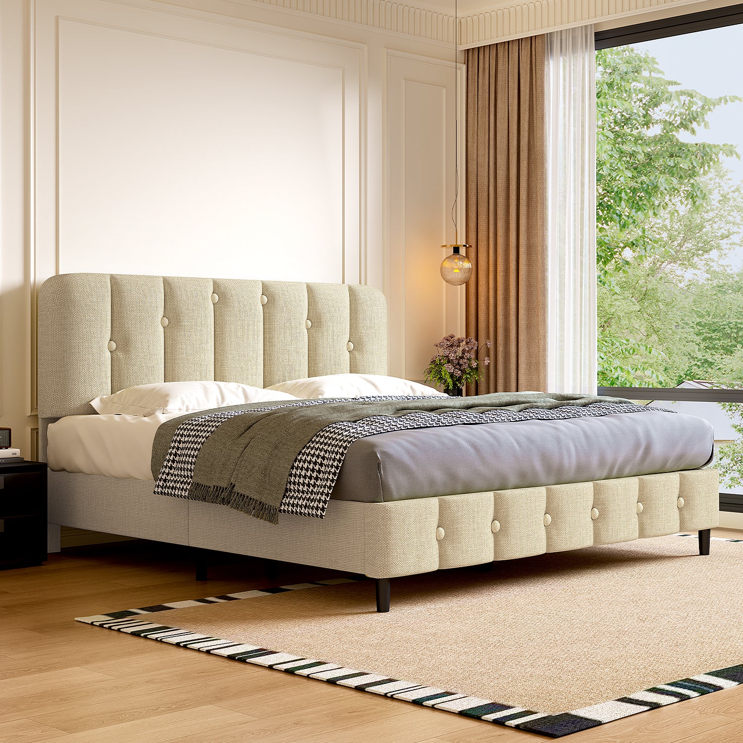 GTIMEX Lit capitonné 212,5 x 145 x 110 cm avec sommier à lattes, Capacité de charge statique : 390 kg, Lit double avec tête de lit rembourrée, Montage facile, Cadre robuste et tissu en lin de haute qualité, Beige