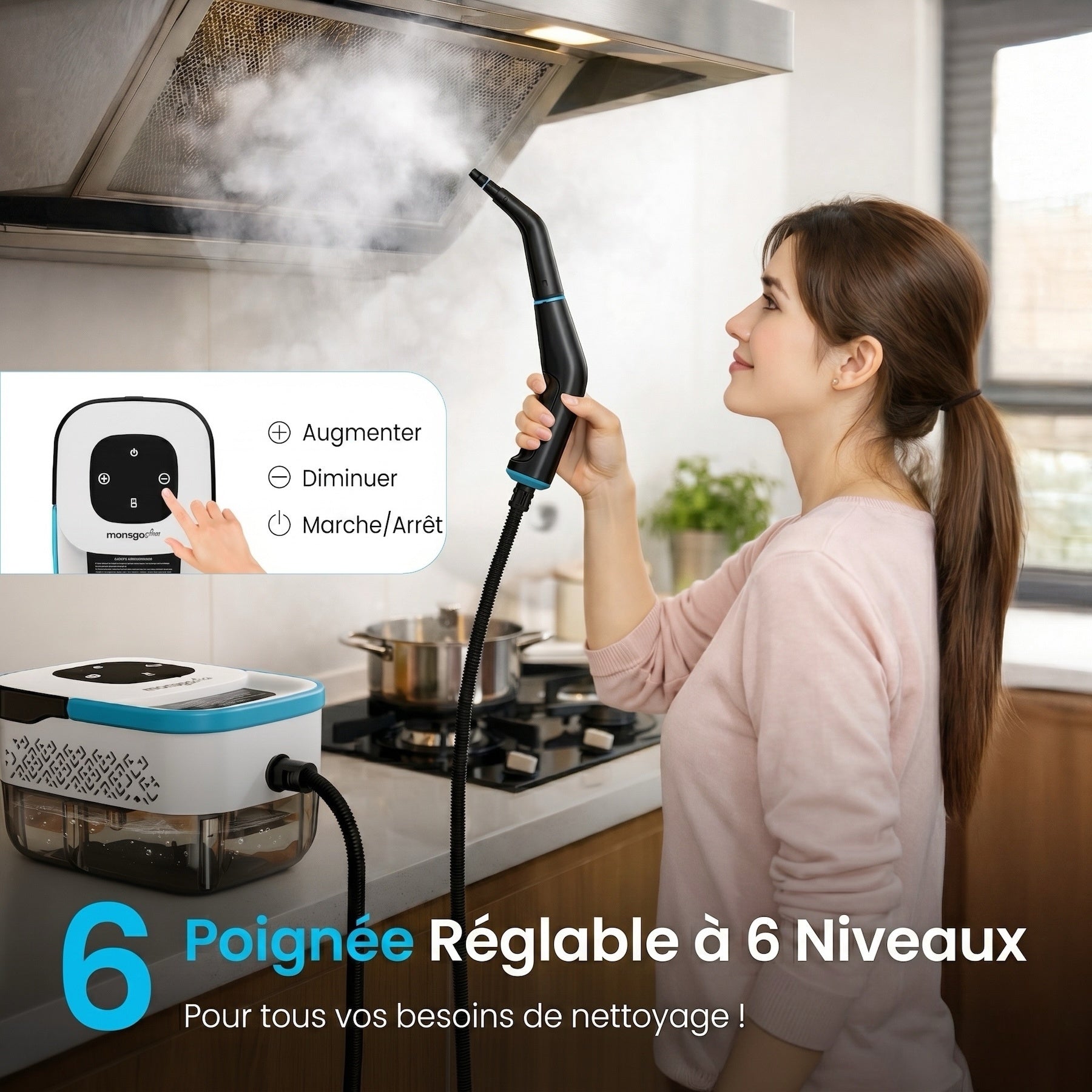 monsga Nettoyeur vapeur 1500 W à chauffe rapide, Prêt en 15 s & Pression de 3,5 bar, Grand réservoir de 1,6 L pour nettoyage de 120 m², Nettoyeur vapeur polyvalent robuste avec kit d’accessoires, Blanc