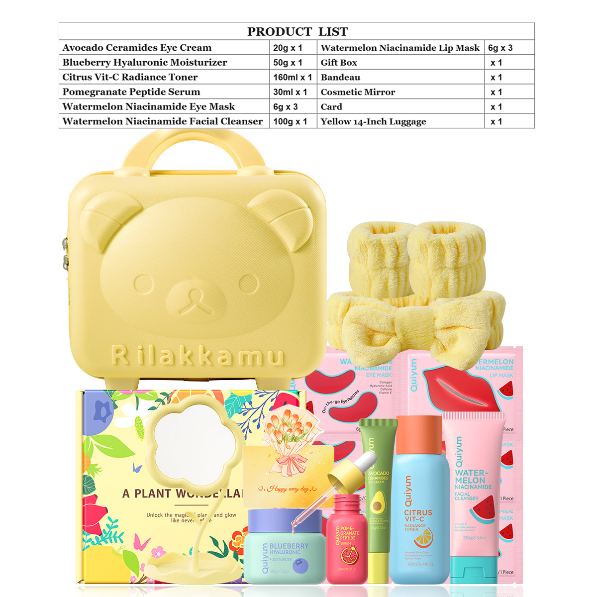 Quiyum Coffret de soins aux fruits (14 pièces) : nettoyant 100 g, lotion tonique 160 ml, crème contour des yeux 20 g, sérum 30 ml, crème 50 g, masques pour les yeux 6 g × 3