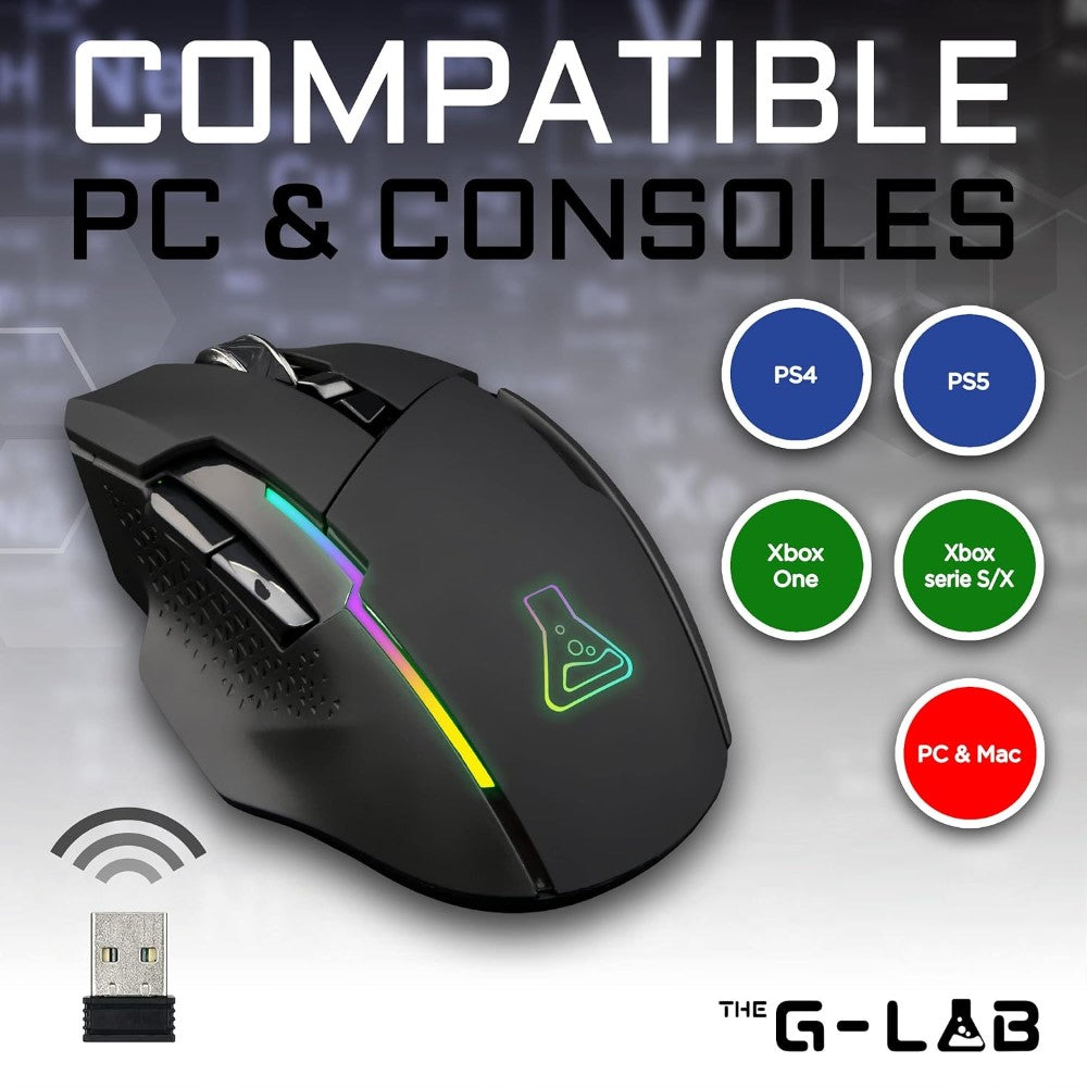 THE G-LAB Kult Caesium Souris gaming sans fil 7200 DPI, 6 boutons, Éclairage RGB, Noir