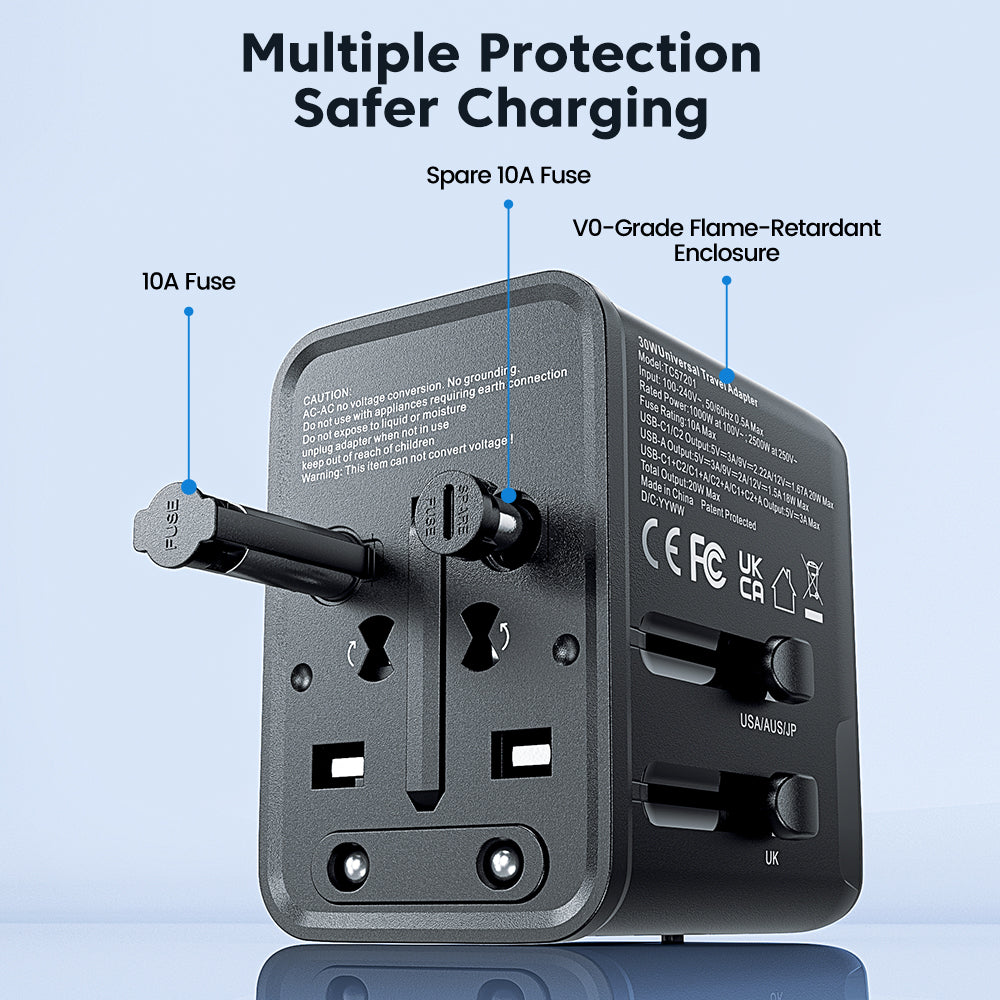toocki Adaptateur de voyage universel 30 W, chargeur rapide PD – Adaptateur d’alimentation international avec 1 port USB-A et 2 ports USB-C – Adaptateur de prise pour EU, UK, US, AUS