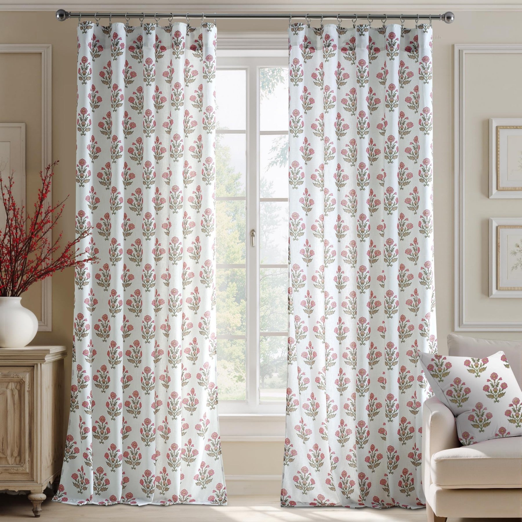 PONY DANCE Rideaux en Lin Floral Imprimé Motif Rose pour Chambre de Fille Chambre Bébé, Bohème Maison de Campagne Rideaux de Fenêtre Transparents Aesthétique Filtrant la Lumière