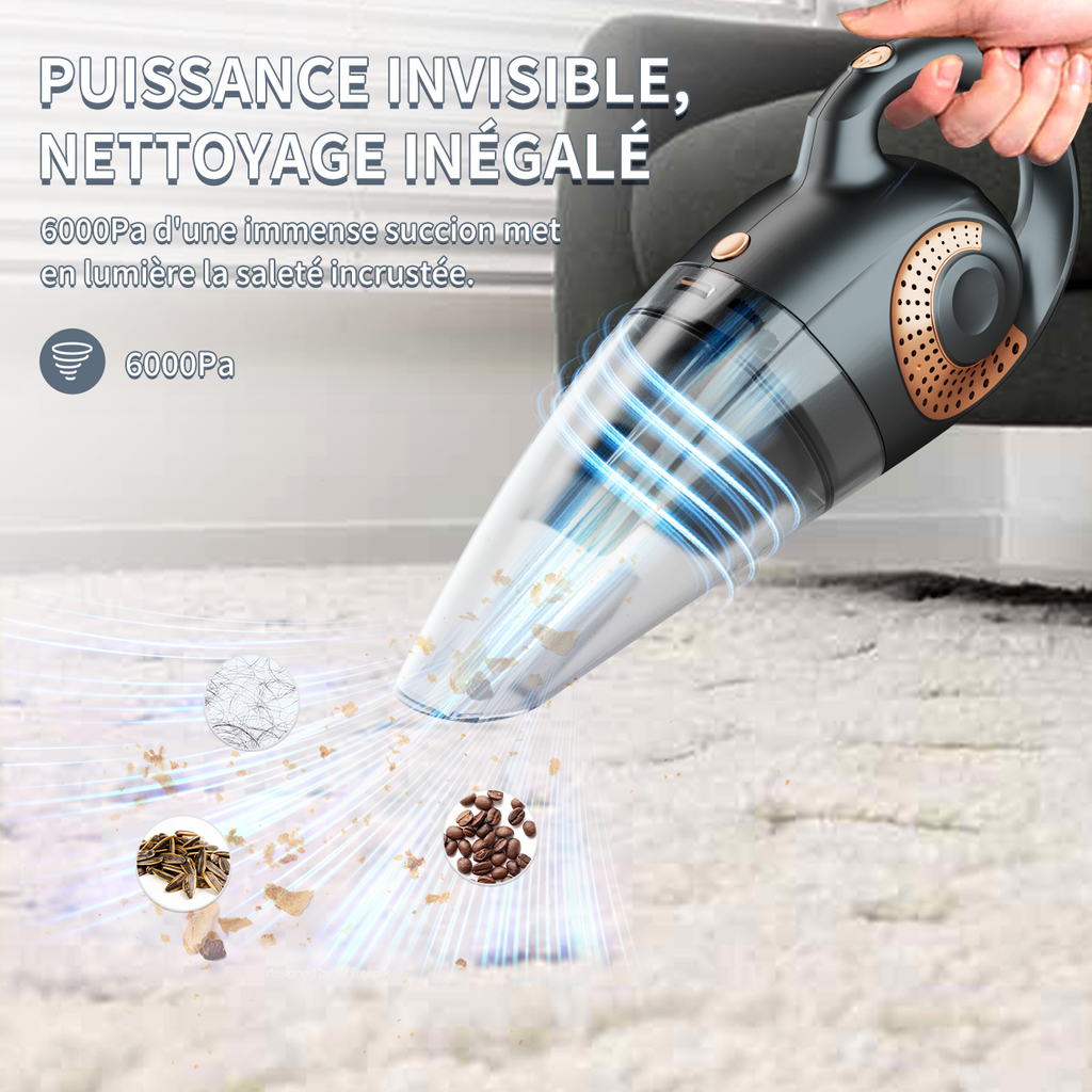 ATSHARK Aspirateur à Main Sans Fil Rechargeable, Puissance d'Aspiration 6000 Pa, Autonomie de 30 min Aspirateur Silencieux pour Voiture/Maison/Animaux, XL-620B