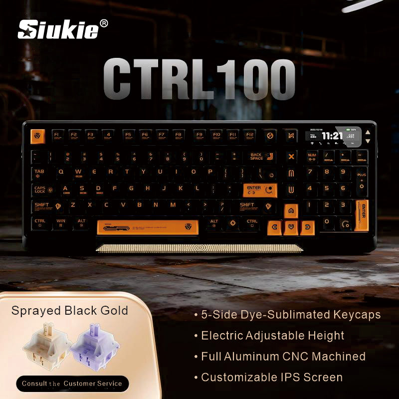 Siukie CTRL100 Clavier mécanique en aluminium CNC, touches HMX Cream Taro HIFI, écran IPS personnalisable, Gasket Mount, sans-fil Tri-Mode, layout 96 %, US QWERTY - Noir Scintillant