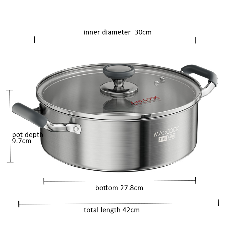 Maxcook Marmite 30 cm, Marmite de cuisson en acier inoxydable 316 L, Fond composite multicouche, Avec couvercle en verre et doubles poignées résistantes à la chaleur, Compatible avec les plaques à induction et à gaz, Marmite à soupe grande capacité M
