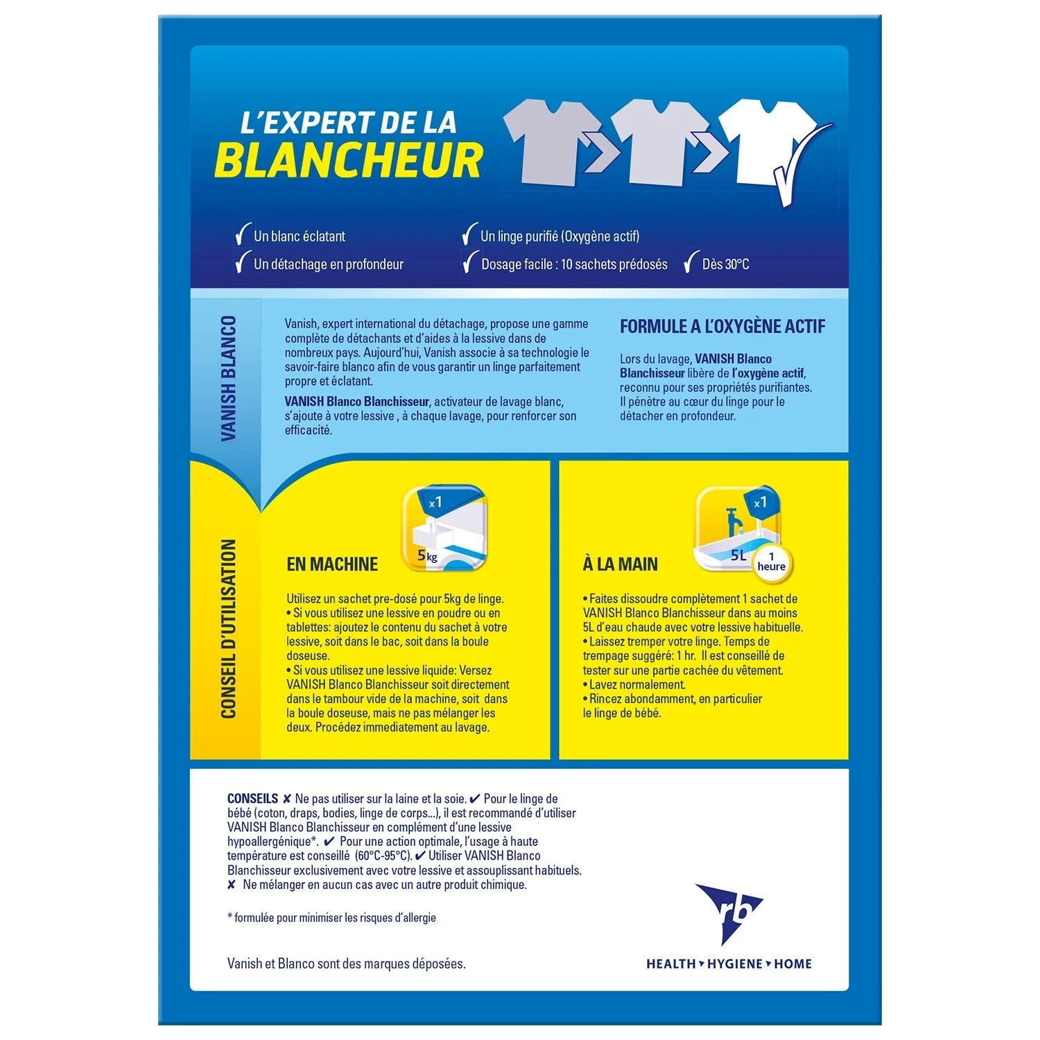 Vanish Blanco Activateur de Lavage Blanc, Détachant Anti-Gris, Oxygène Actif, Lot de 10