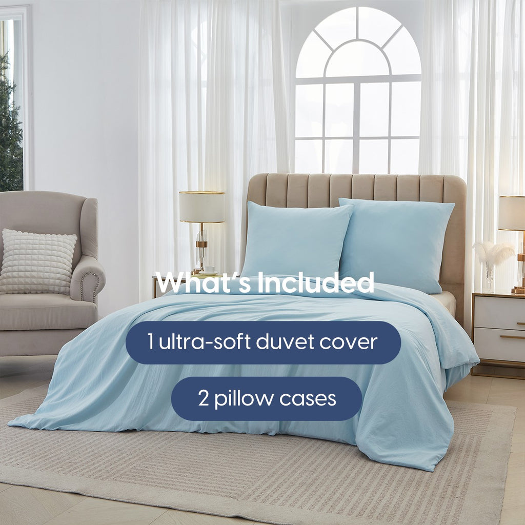 Meeallhome Parure de housse de couette lavée brossée 155 x 220 cm/80 x 80 cm x 2 Bleu lac