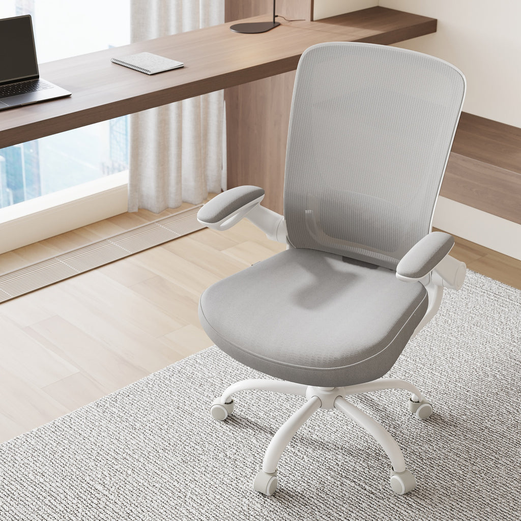 JOYFURNOS Chaise de bureau ergonomique pivotante en mesh, accoudoirs pliants, gris clair