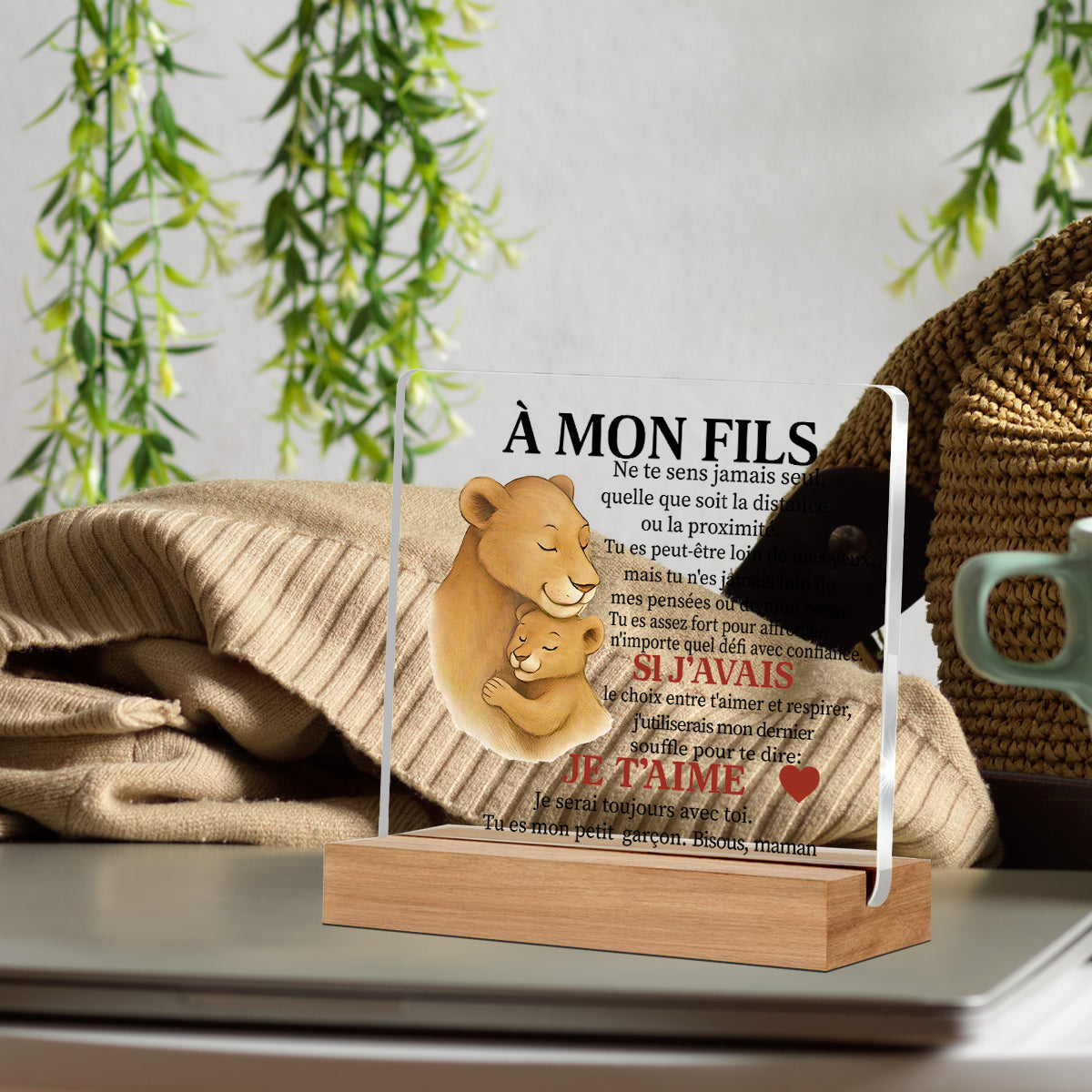 Alphynix 1 pc plaque mère-fils française, "MON FILS" cadeau en acrylique avec motif lionne et lionceau