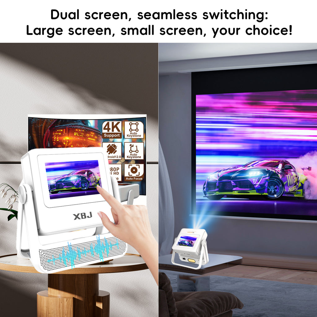 XBJ Projecteur d'extérieur avec tablette tactile, Écran géant de 300" pour projecteur intelligent de home cinéma, Supporte natif 1080P/4K, Avec système Android, 800 ANSI