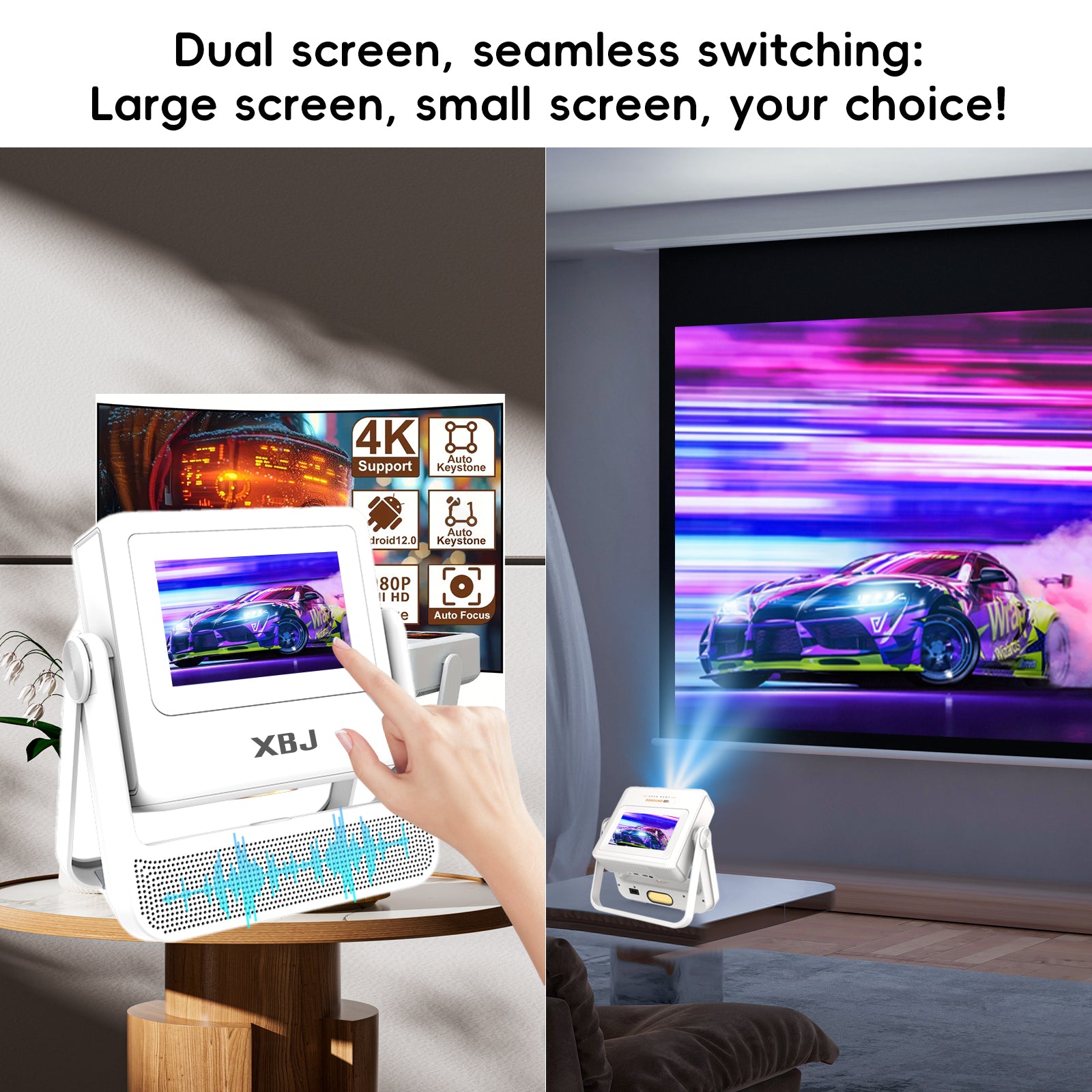 XBJ Projecteur d'extérieur avec tablette tactile, Écran géant de 300" pour projecteur intelligent de home cinéma, Supporte natif 1080P/4K, Avec système Android, 800 ANSI