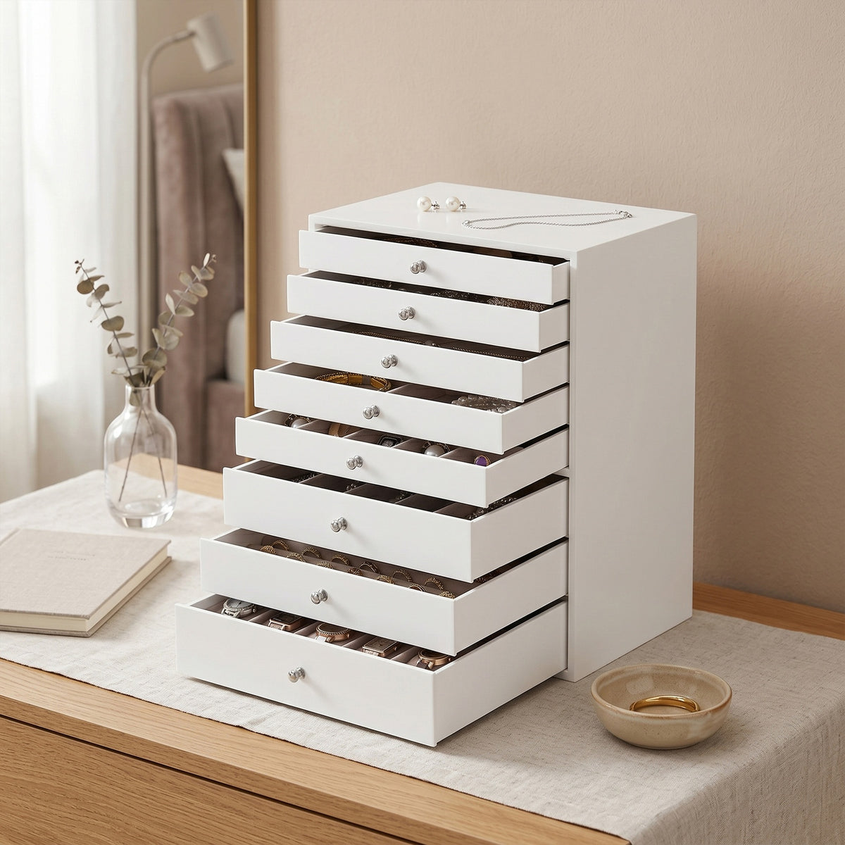 JOYFURNOS Organisateur de bijoux avec tiroirs, Boîte de rangement à 8 niveaux, Grande capacité, Idée cadeau moderne, Pour chambre, Blanc