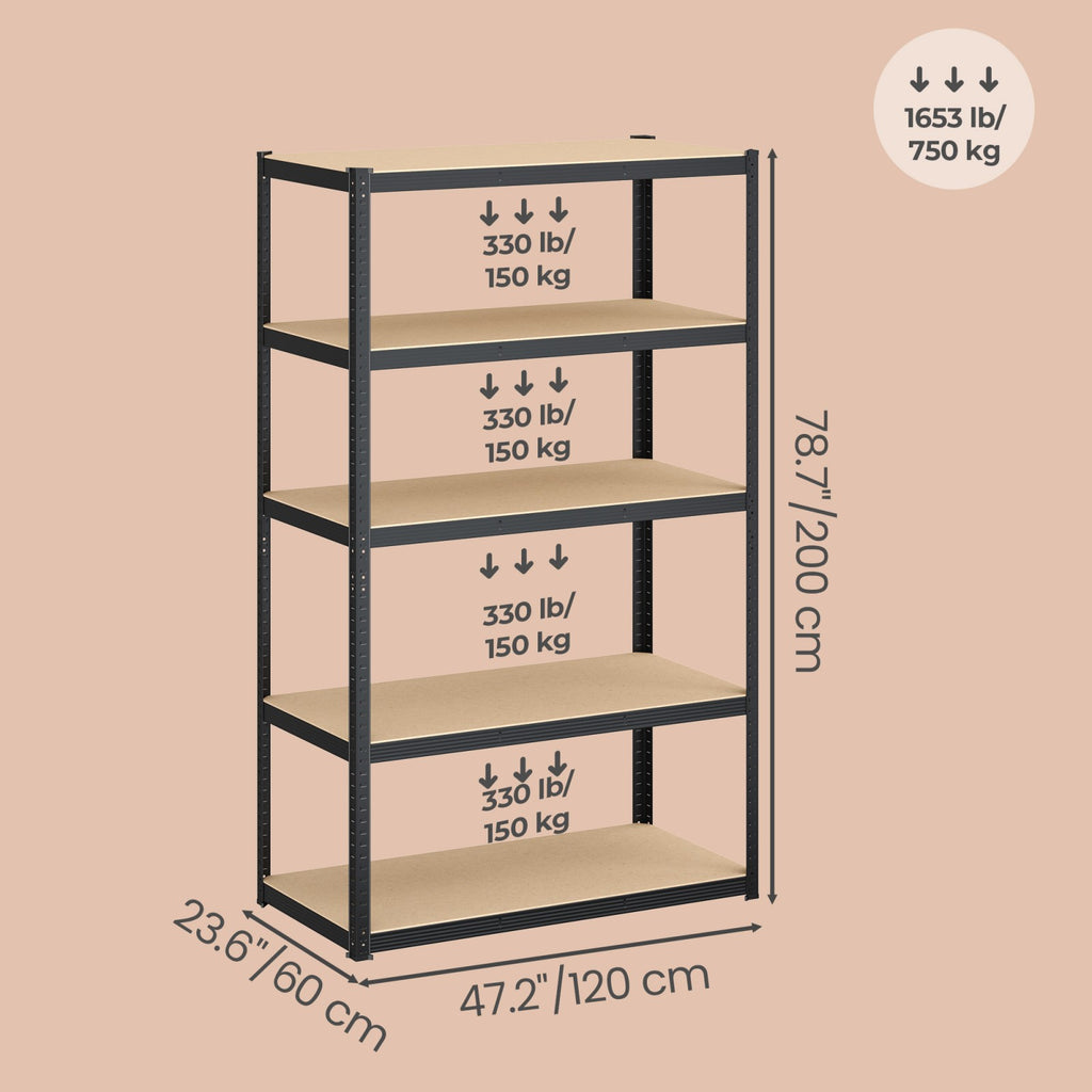 JOYFURNOS Étagère de rangement à 5 niveaux, Étagère en acier robuste avec traverses renforcées et niveaux de hauteur réglables, Capacité de charge max. 750 kg, Grande surface de rangement 200 x 120 x 60 cm, Idéale pour garage, abri de jardin, entrepô