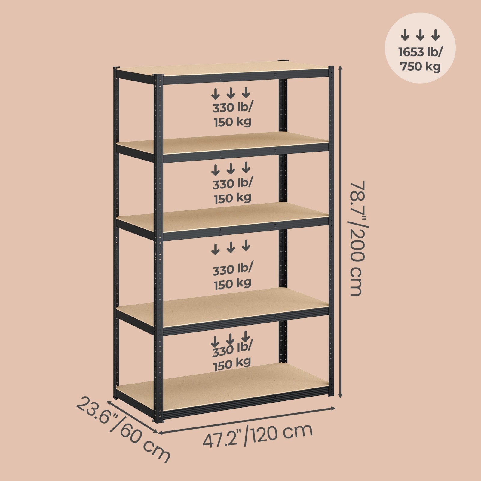 JOYFURNOS Étagère de rangement à 5 niveaux, Étagère en acier robuste avec traverses renforcées et niveaux de hauteur réglables, Capacité de charge max. 750 kg, Grande surface de rangement 200 x 120 x 60 cm, Idéale pour garage, abri de jardin, entrepô