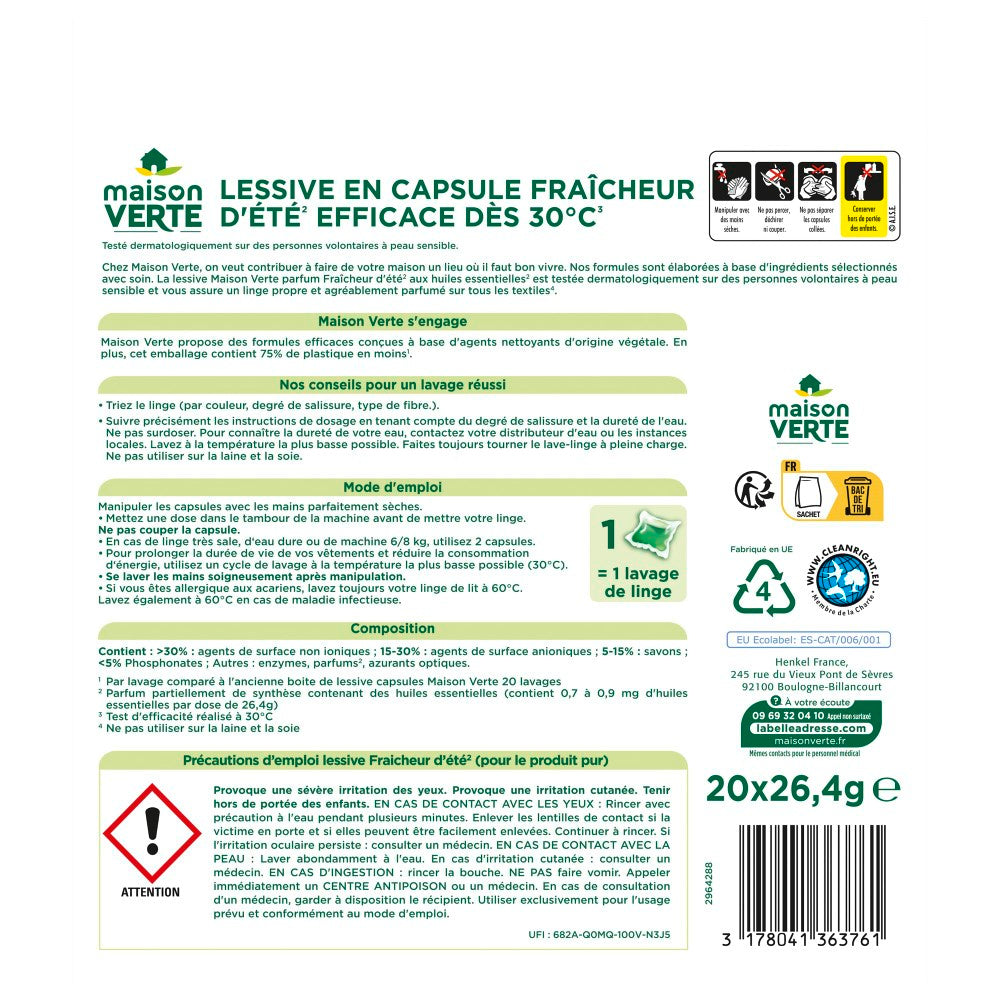MAISON VERTE Capsules de lessive Fraîcheur d'Été 20 capsules
