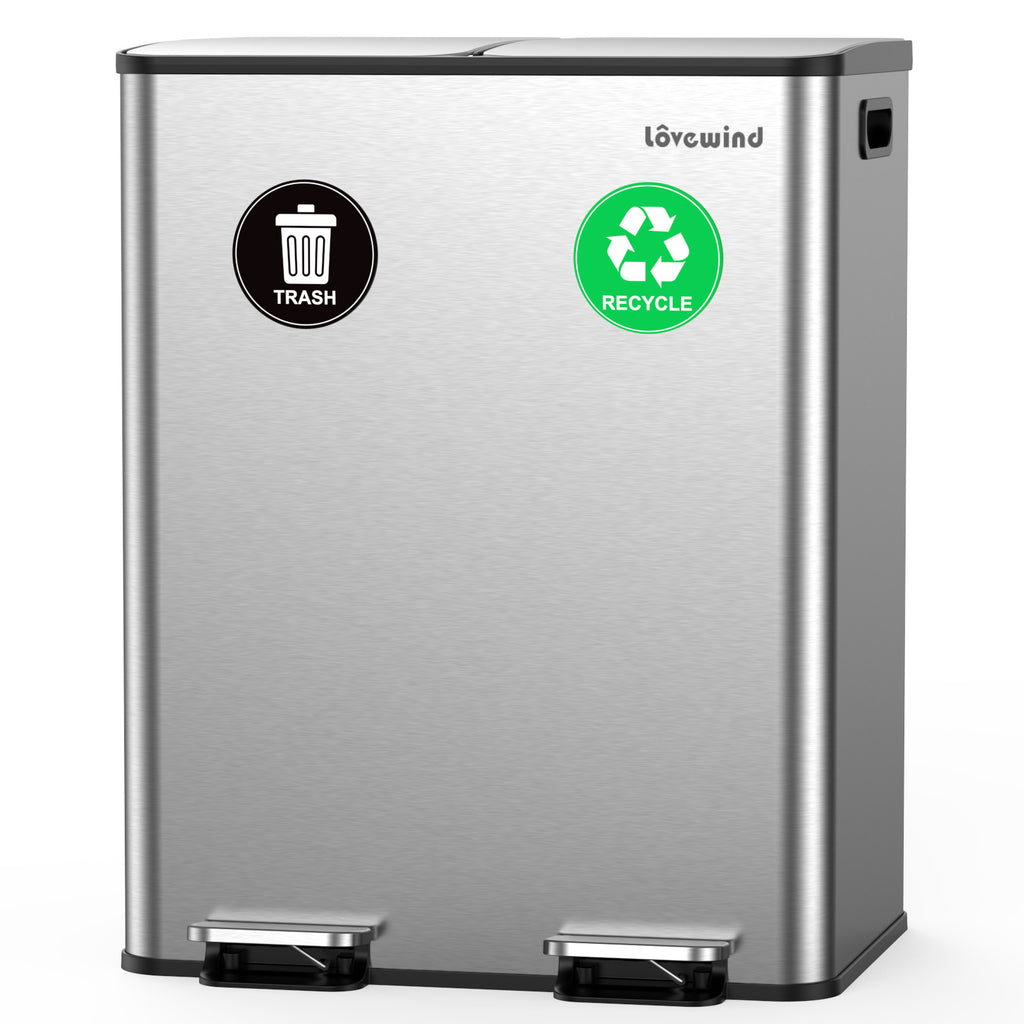 lovewind Poubelle de cuisine, 2 x 30 L, double poubelle pour recyclage et déchets, argenté, poubelle en acier inoxydable avec couvercle et seaux intérieurs, grande capacité