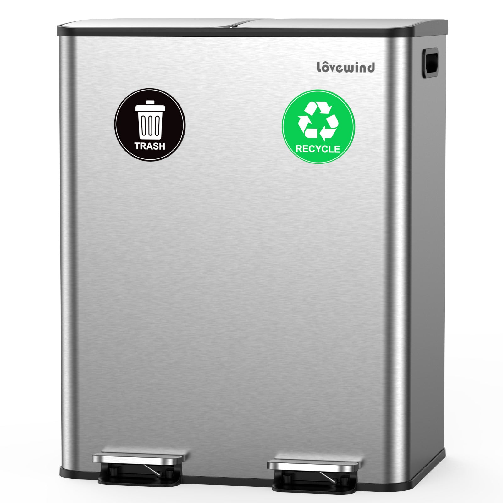 lovewind Poubelle de cuisine, 2 x 30 L, double poubelle pour recyclage et déchets, argenté, poubelle en acier inoxydable avec couvercle et seaux intérieurs, grande capacité