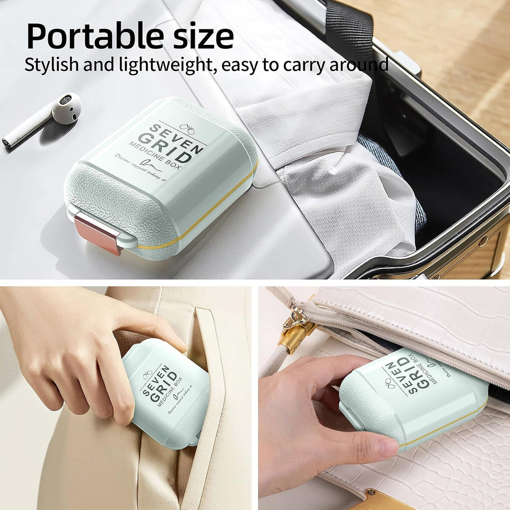 GAONLY Pilulier portable, Boîte à pilules avec 7 compartiments, Petit étui à pilules de voyage, Pilulier quotidien avec couvercle hermétique, Petit récipient à pilules en matériau sans BPA Vert