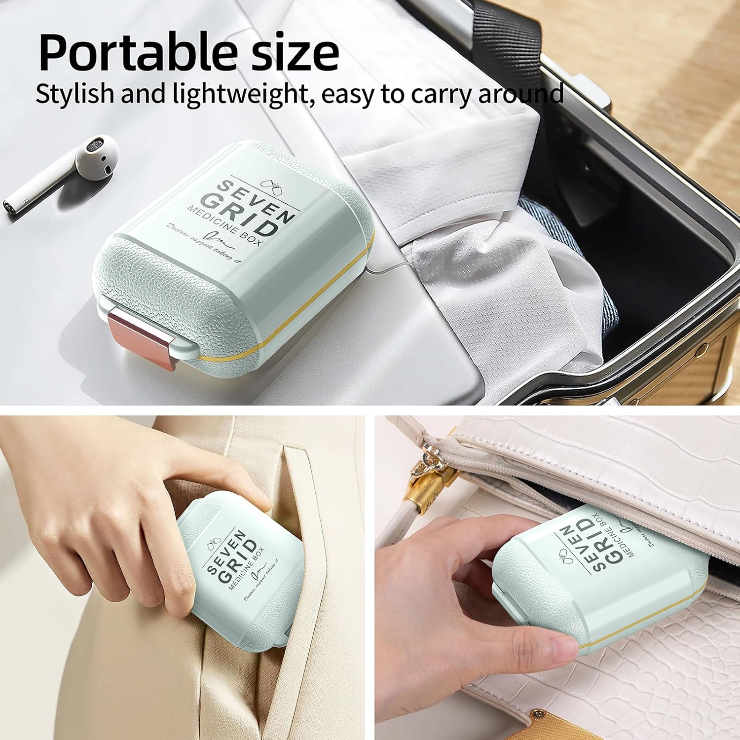 GAONLY Pilulier portable, Boîte à pilules avec 7 compartiments, Petit étui à pilules de voyage, Pilulier quotidien avec couvercle hermétique, Petit récipient à pilules en matériau sans BPA Vert