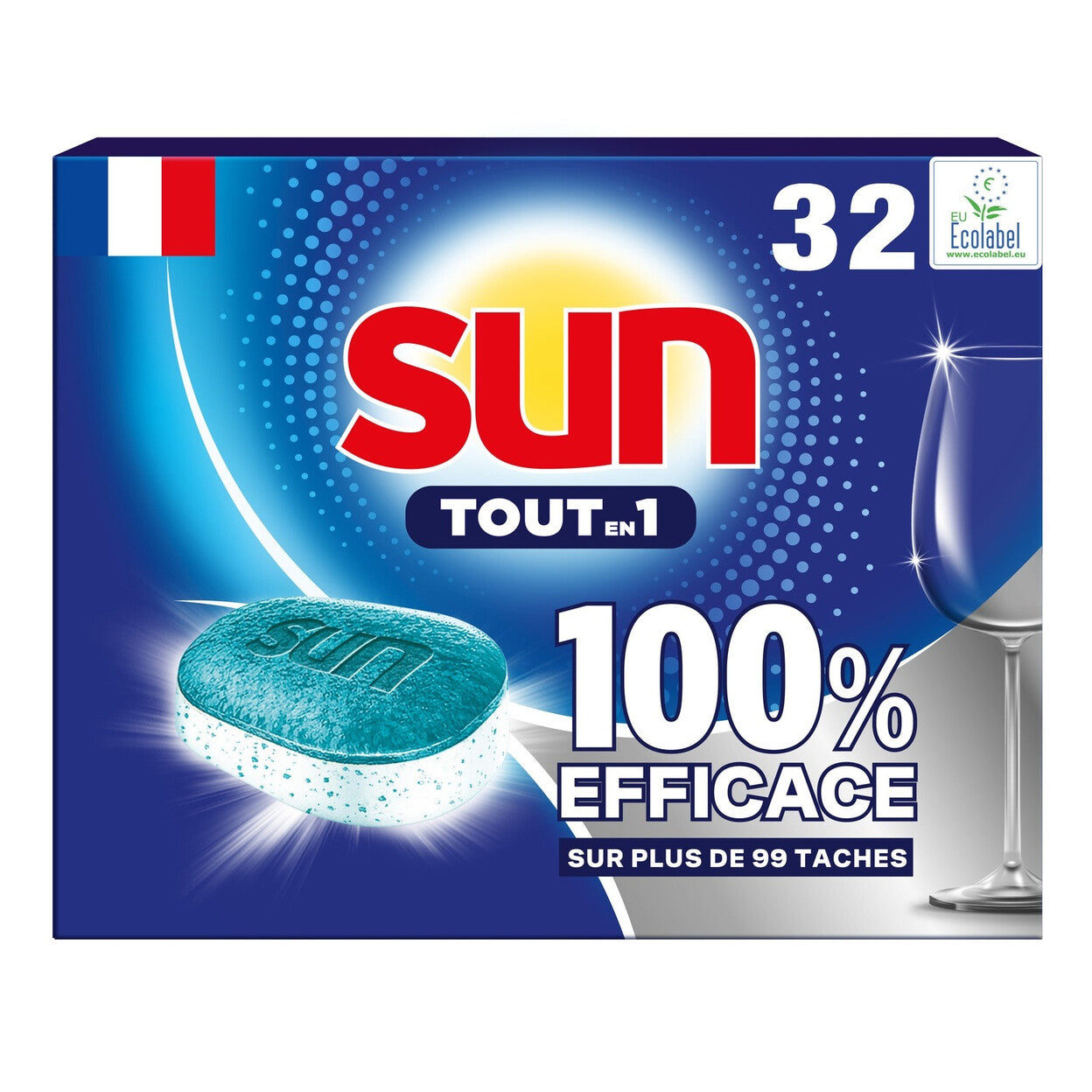 Sun Tout-en-1 Tablettes Lave-Vaisselle Anti-Calcaire & Liquide de Rinçage 4 x 32 Tablettes (= 128 Tablettes) (128 Lavages)