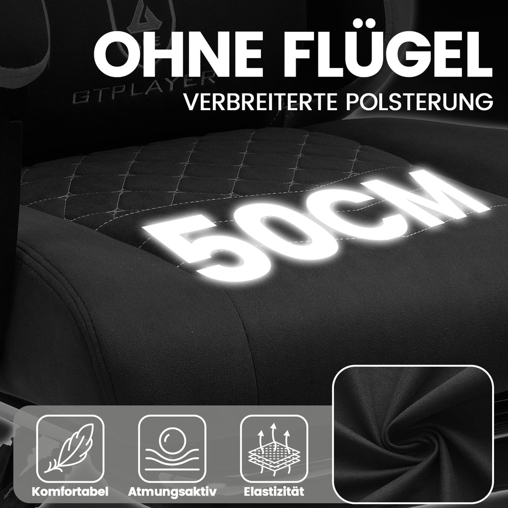 GTPlayer Chaise de jeu ergonomique avec revêtement en tissu, Coussin d’assise à ressorts et repose-pieds, Noir, Tissu noir, 55 x 50 x 130 cm, Vérin à gaz de sécurité hauteur 10 cm pour réglage facile