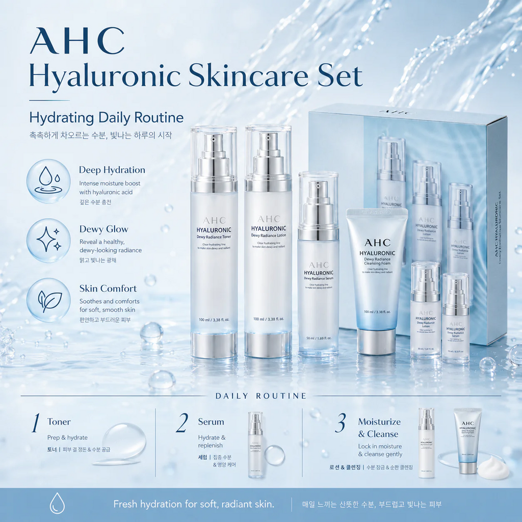 AHC Coffret Spécial Éclat Hyaluronique Frais (Tonique 100 ml + Lotion 100 ml + Sérum 30 ml + Nettoyant 25 ml)