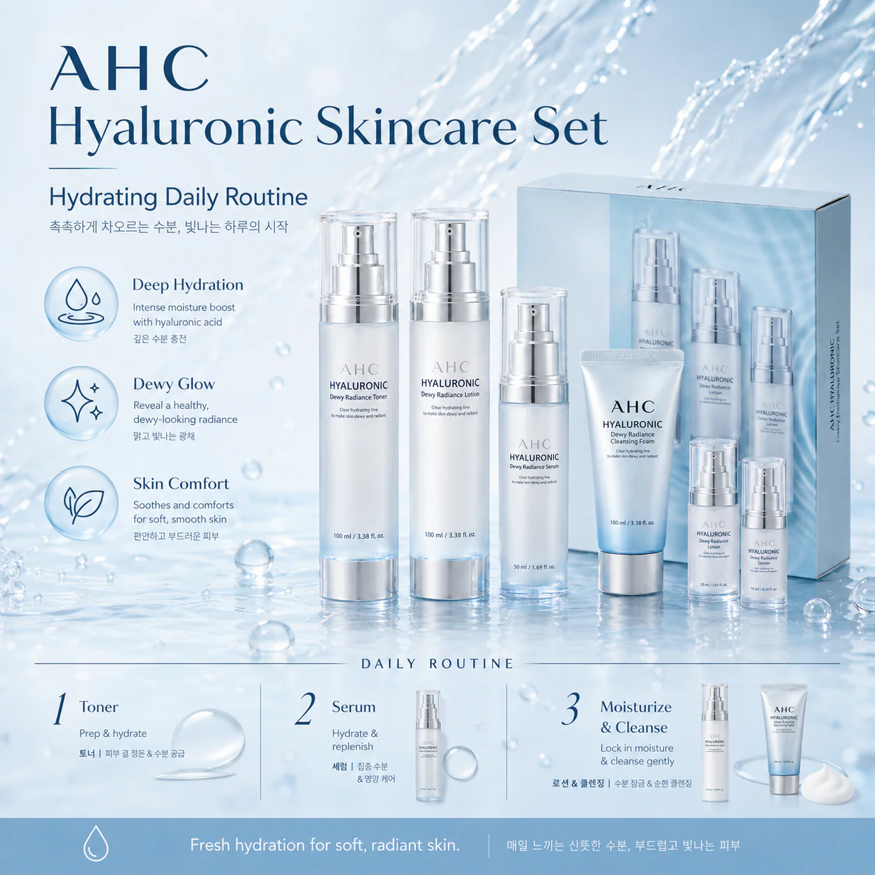 AHC Coffret Spécial Éclat Hyaluronique Frais (Tonique 100 ml + Lotion 100 ml + Sérum 30 ml + Nettoyant 25 ml)