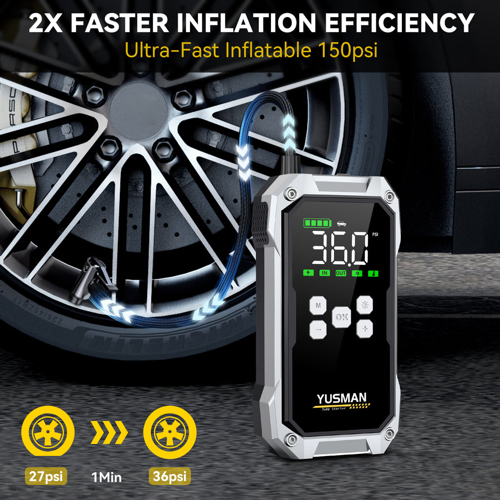 Booster de batterie automobile YUSMAN – 8000 A démarreur de voiture 12 V (jusqu’à tous les moteurs essence / 10,0 L diesel), démarreur avec compresseur d’air 150 PSI