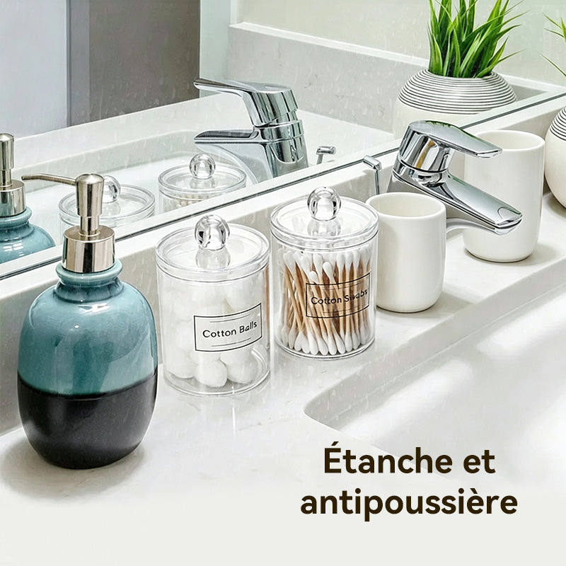 JORDAN&JUDY Boîte de coton-tiges en plastique acrylique transparent, boîte de rangement de bureau pour cotons à démaquiller et fil dentaire (3 ronds + 1 avec ouverture latérale)
