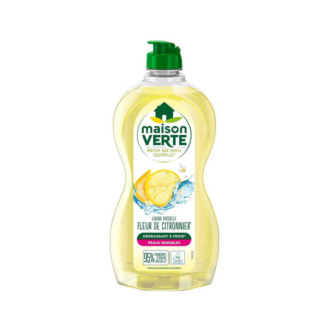 Maison Verte Liquide Vaisselle, Formule Dégraissante à Froid pour Peaux Sensibles, Certifié Écolabel, Fleur de Citronnier, 500 ml