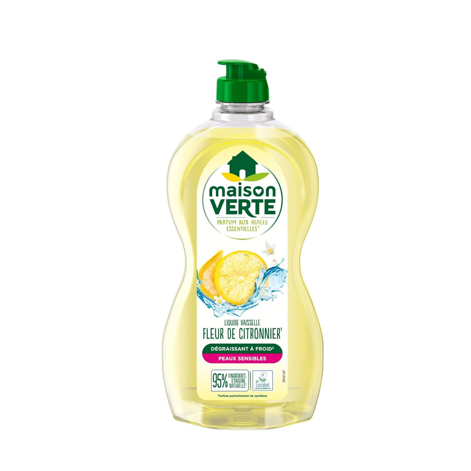 Maison Verte Liquide Vaisselle, Formule Dégraissante à Froid pour Peaux Sensibles, Certifié Écolabel, Fleur de Citronnier, 500 ml
