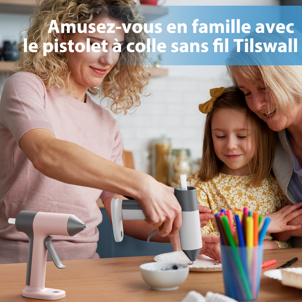 TILSWALL Pistolet à colle thermofusible sans fil, préchauffage rapide 30 s, batterie 2000 mAh, buse anti-goutte, 20 bâtons de colle thermofusible (7 x 140 mm), idéal pour bricolage, loisirs créatifs et réparations - Blanc