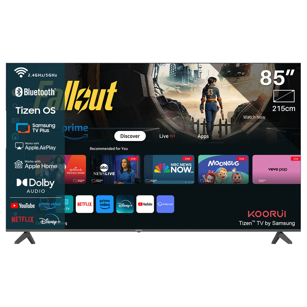 KOORUI K85D3UQ-T8, 85 pouces, 4K QLED, TIZEN TV, Design sans bords, Son dynamique avec Dolby Audio, Finition métallique haut de gamme