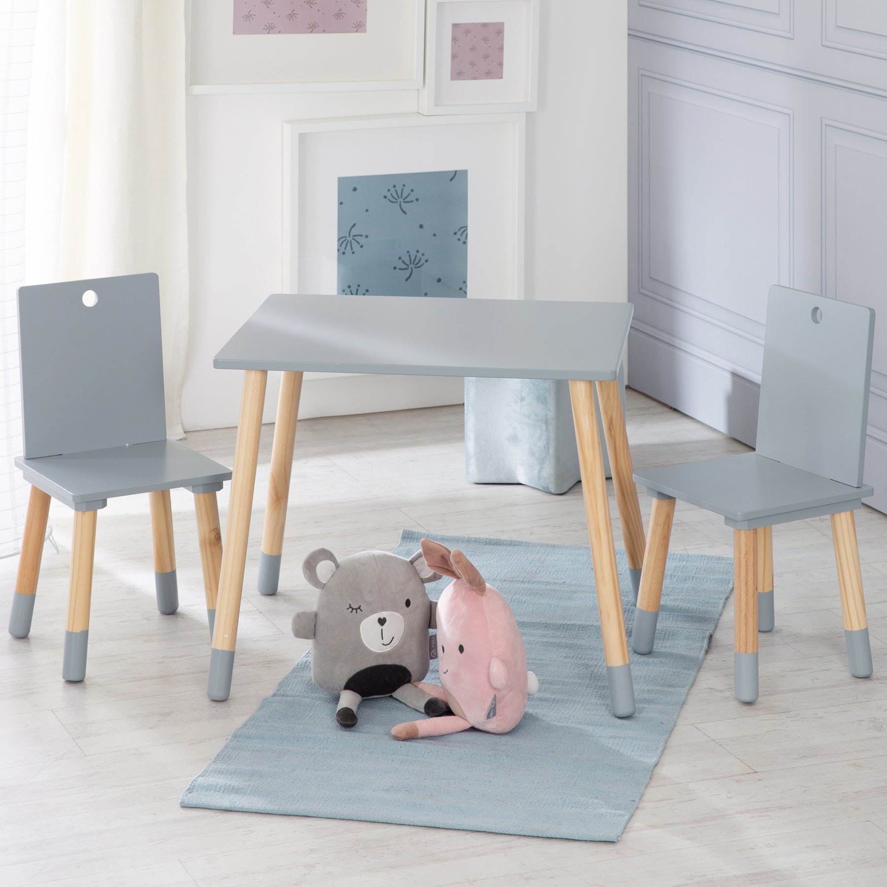roba Ensemble Table et 2 Chaises pour Enfants avec Pieds en Bois Massif (Style Scandinave / Naturel & Gris)