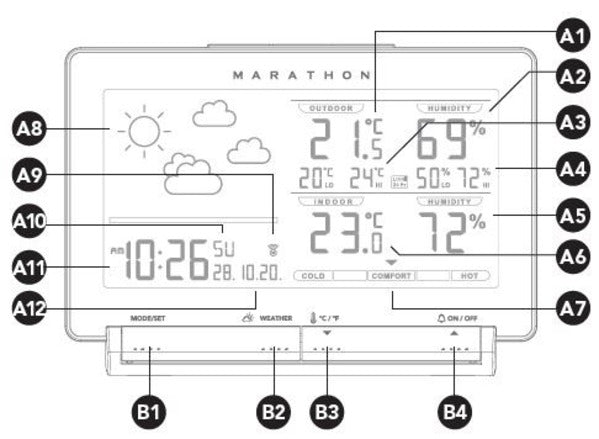 Marathon Lisbon - Station météo intérieure/extérieure sans fil avec capteur à distance - Prévisions météo - Température et humidité intérieures/extérieures