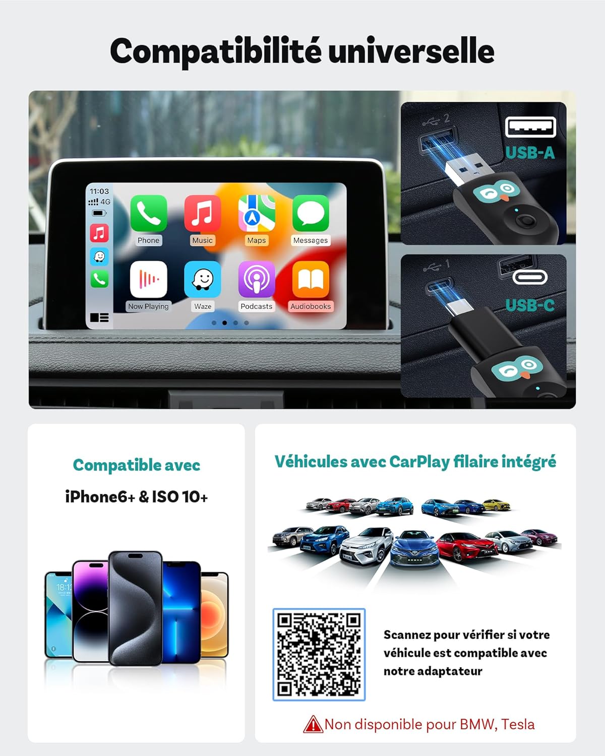 OTTOCAST Cabin Care Caméra voiture pour bébé, Écran partagé pour CarPlay sans fil et vue bébé, Vision nocturne sans lueur, Prêt à l’emploi, Grand angle 150°, 1080P