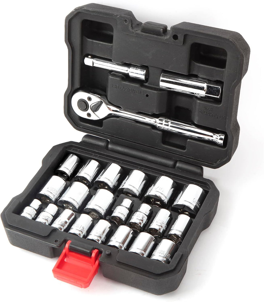 WORKPRO Jeu de douilles 24 pièces avec clé à cliquet 3/8", 11 douilles métriques et 10 douilles SAE, barre d'extension, jeu de clés à cliquet pour bougies d'allumage, clés mixtes