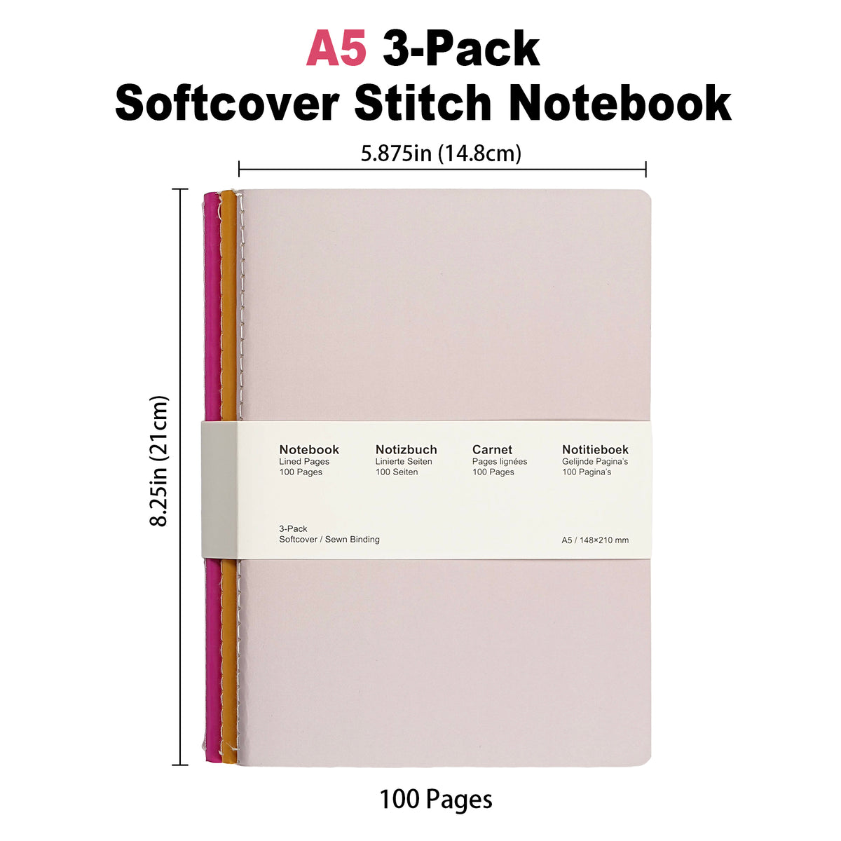 Jubiluu Lot de 3 carnets cousus A5 à couverture souple, 50 feuilles papier offset 80 g, journal ligné crème classique pour école, bureau, tenue de journal ou prise de notes quotidienne, Pastel vif