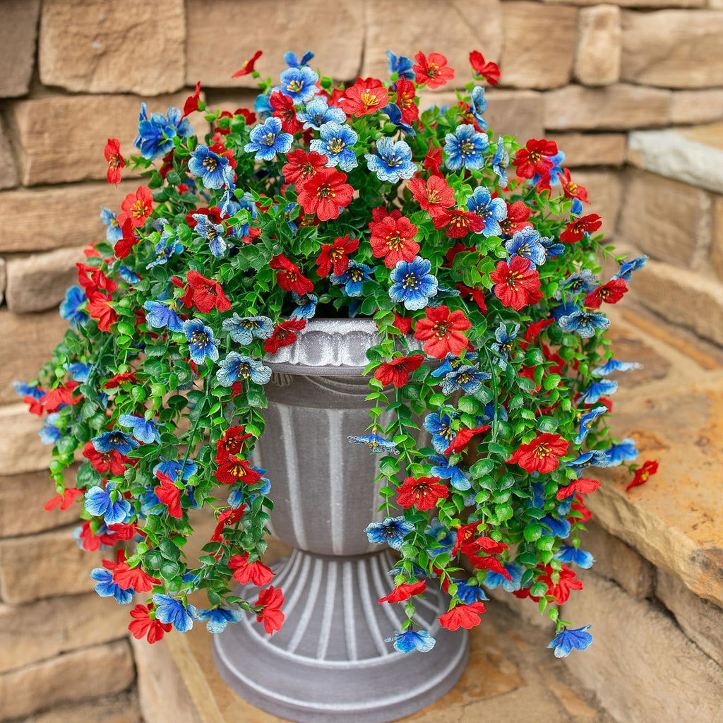 Yuejia 4 pièces 29,5 po/75 cm plantes à fleurs artificielles suspendues pour décoration extérieure, faux chrysanthèmes et violettes avec eucalyptus