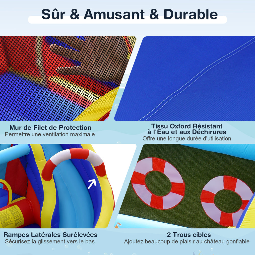 Costway Château gonflable avec souffleur 550 W, parc aquatique 6-en-1, comprend toboggan, piscine et canon à eau
