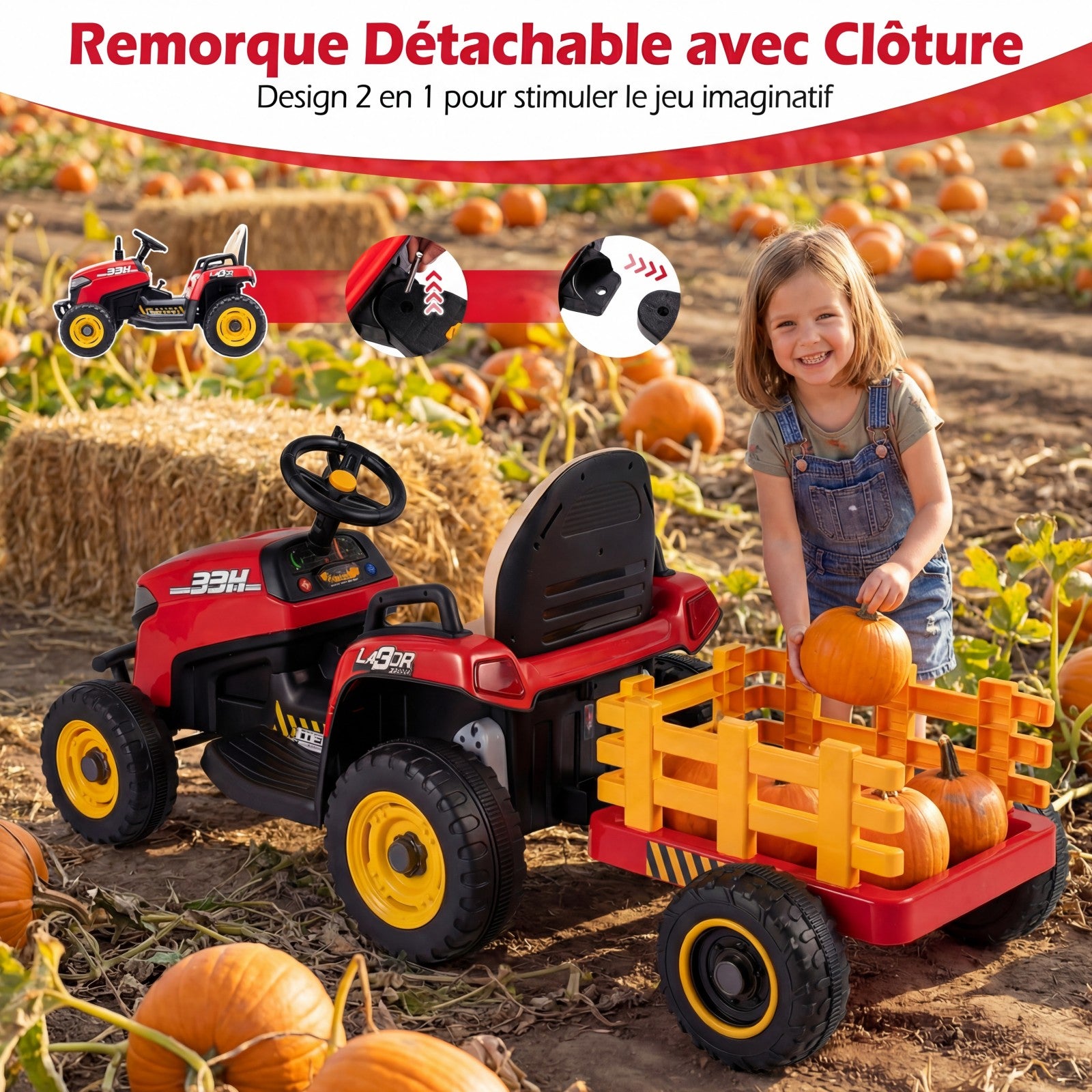 Costway Tracteur électrique 24 V avec remorque, télécommande 2,4 GHz et klaxon - Tracteur électrique pour enfants - Rouge