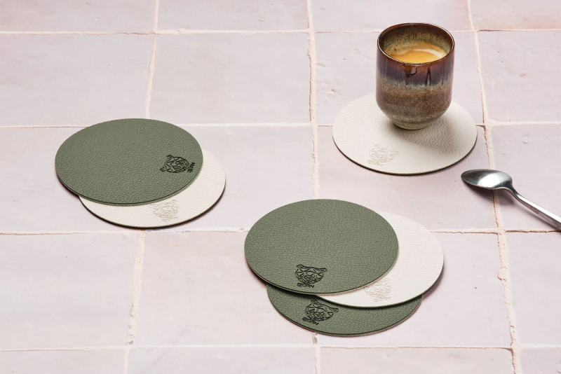 BJÖRN Lot de 6 sous-verres ronds réversibles en cuir recyclé - Blanc crème et vert-gris