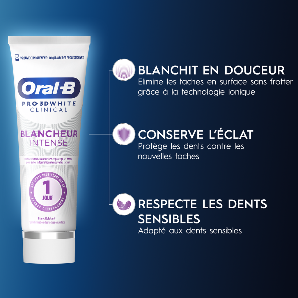 Oral-B 3D White Clinical Radiant White - Dentifrice Blancheur Intense - 75 ml
