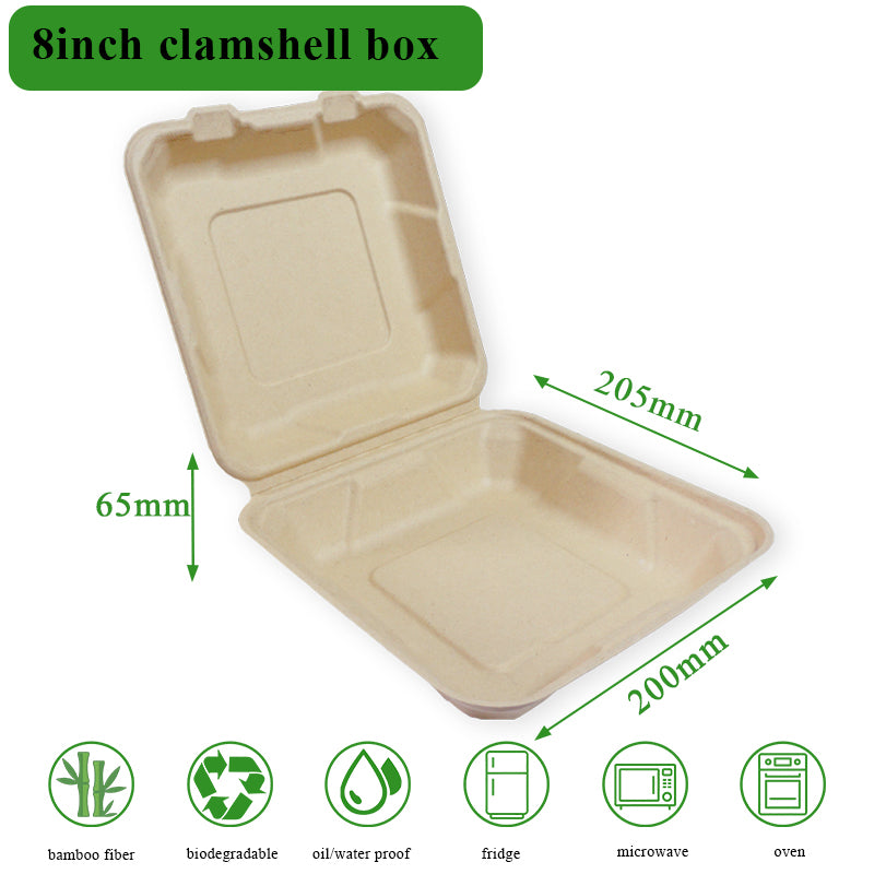Boîte coquille jetable en fibre de bambou Ruibamboo 8 pouces - Lot de 50